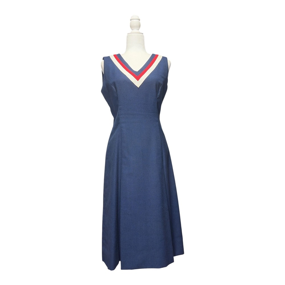Vintage Navy Blue Sleeveless A-Line Midi Dress V-Neck Red White Trim Nautical